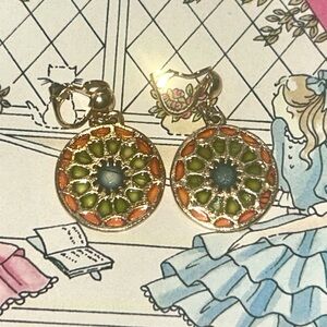 Gold Tone Green Orange Blue Floral Drop Clip On Vintage Antique Earrings